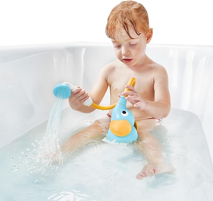 Yookidoo Baby Bath Shower Head - Elephant Water Pump with Trunk Spout Rinser - Control Water Flow from 2 Knobs for Maximum Fun in Tub or Sink for Newborn Babies (Blue and Orange)