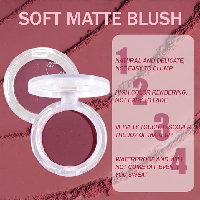 Matte Powder Blush for Cheeks – Long Lasting Natural Face Blusher Makeup, Lightweight Blendable Cheek Color for Women, Vegan & Cruelty-Free – #16 Wine Red