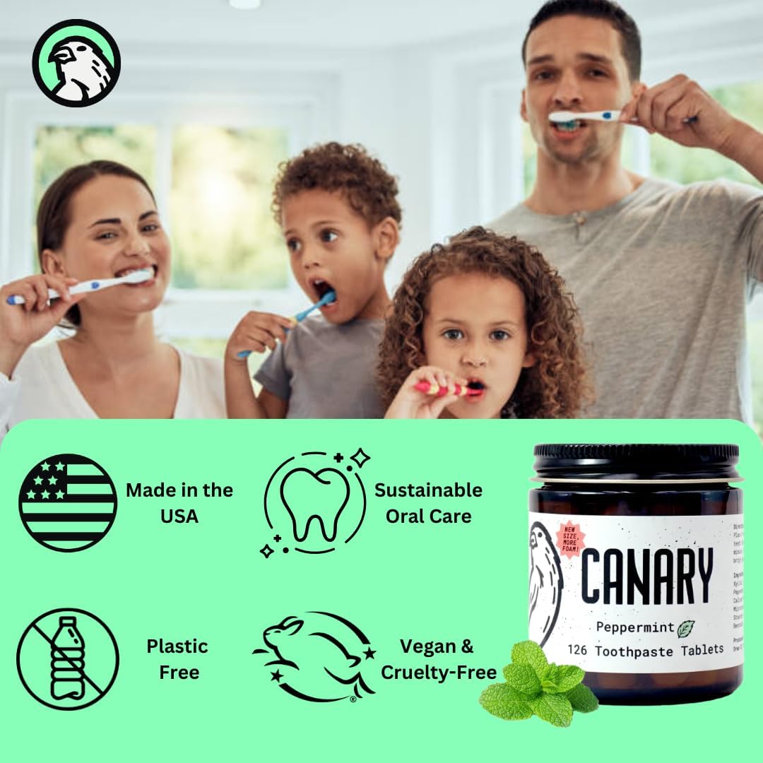 Canary Nano Hydroxyapatite Toothpaste Tablets Peppermint - Remineralizing, Fluoride Free, All Natural Tabs with Xylitol - Great for Travel, Plastic Free - 126 Count