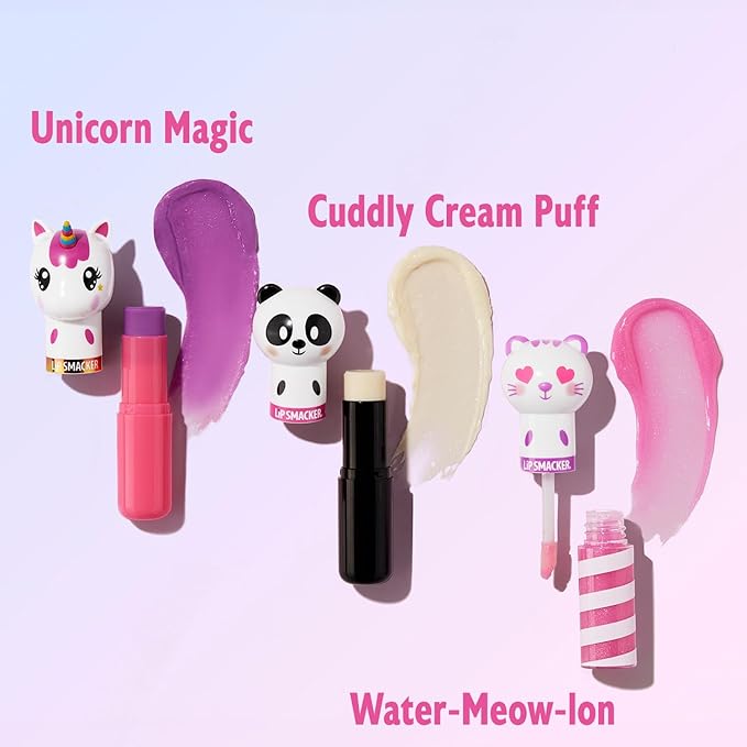 Lip Smacker Lippy Pals, Set of 3 Flavored Moisturizing & Smoothing Soft Shine Lip Balm, Hydrating & Protecting Fun Tasty Flavors ,Cruelty-Free & Vegan - Unicorn, Panda and kitten