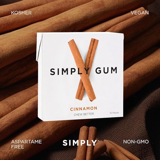 SIMPLY Gum Cinnamon, Plastic-Free Natural Chewing Gum, 12 Pack (180 Pieces) | Vegan, Kosher, Non GMO, Aspartame Free and Sorbitol Free