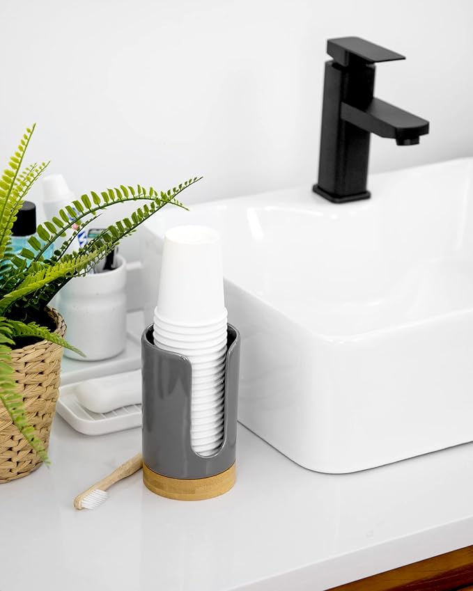 Ceramic Bathroom Cups Dispenser - 3-5 oz Disposable Paper & Plastic Cups Holder - Mouthwash Cups Dispenser for Countertop, Guest Toiletries - BPA Free (Grey, 2 Pack)