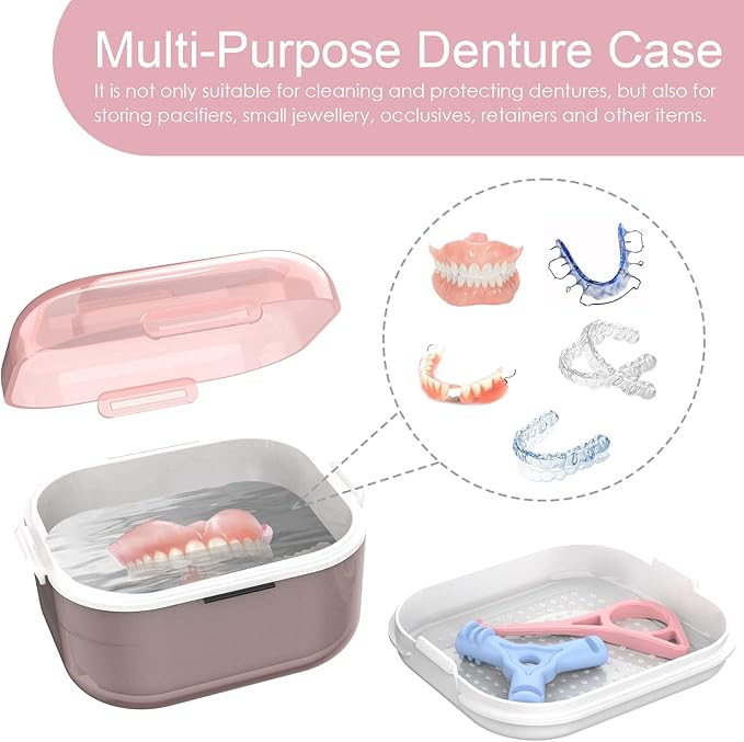ARGOMAX Denture Case, Denture Cup for Soaking Dentures(Not Leak-Proof), Thorough Cleaning of Dentures, Retainer, Mouthguards, Clear Braces (Pink).
