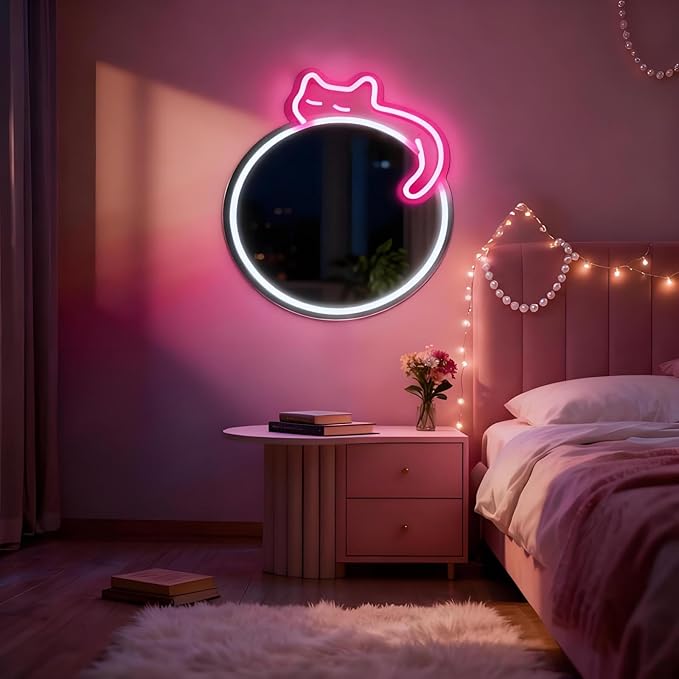 Pink Cat Neon Light Acrylic Mirror, Dimmable Circle Wall Decor with USB Power, Shatterproof Unbreakable for Girls Kids Bedroom
