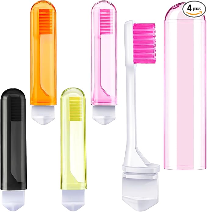 Patelai 4 Pieces Travel Toothbrush Set, Soft Bristle Mini Foldable Tooth Brush with Case, Individually Wrapped Small Portable Travel Size Toiletries Stuff for Camping (Honey Color)