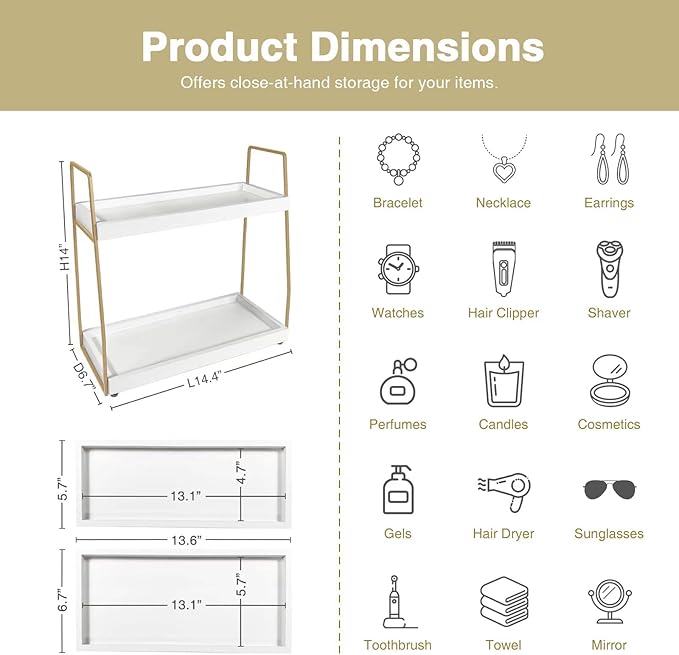 Forbena Bathroom Organizer Countertop, Counter Organizer for Bathroom Decor, Wooden Sink Shelf for Vanity Storage, Makeup Tray for Perfume Skincare Bedroom Kitchen Corner (2 Tier, White and Gold)
