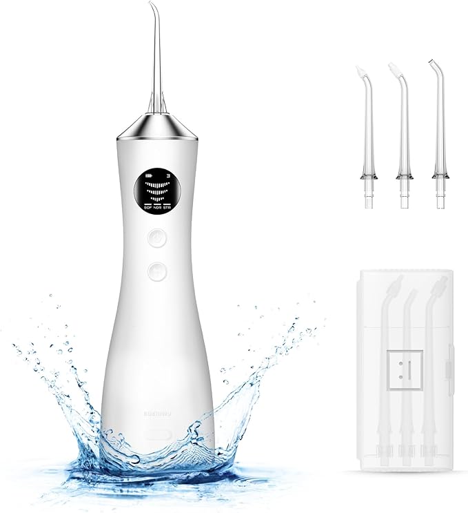 Water Dental Flosser for Teeth, Portable Cordless Water Flosser with 300ML Rechargeable with Type-C, IPX7 Waterproof Water Flossers for Adults with 3 Intensity Modes and 3 Flossing Tips Silver White