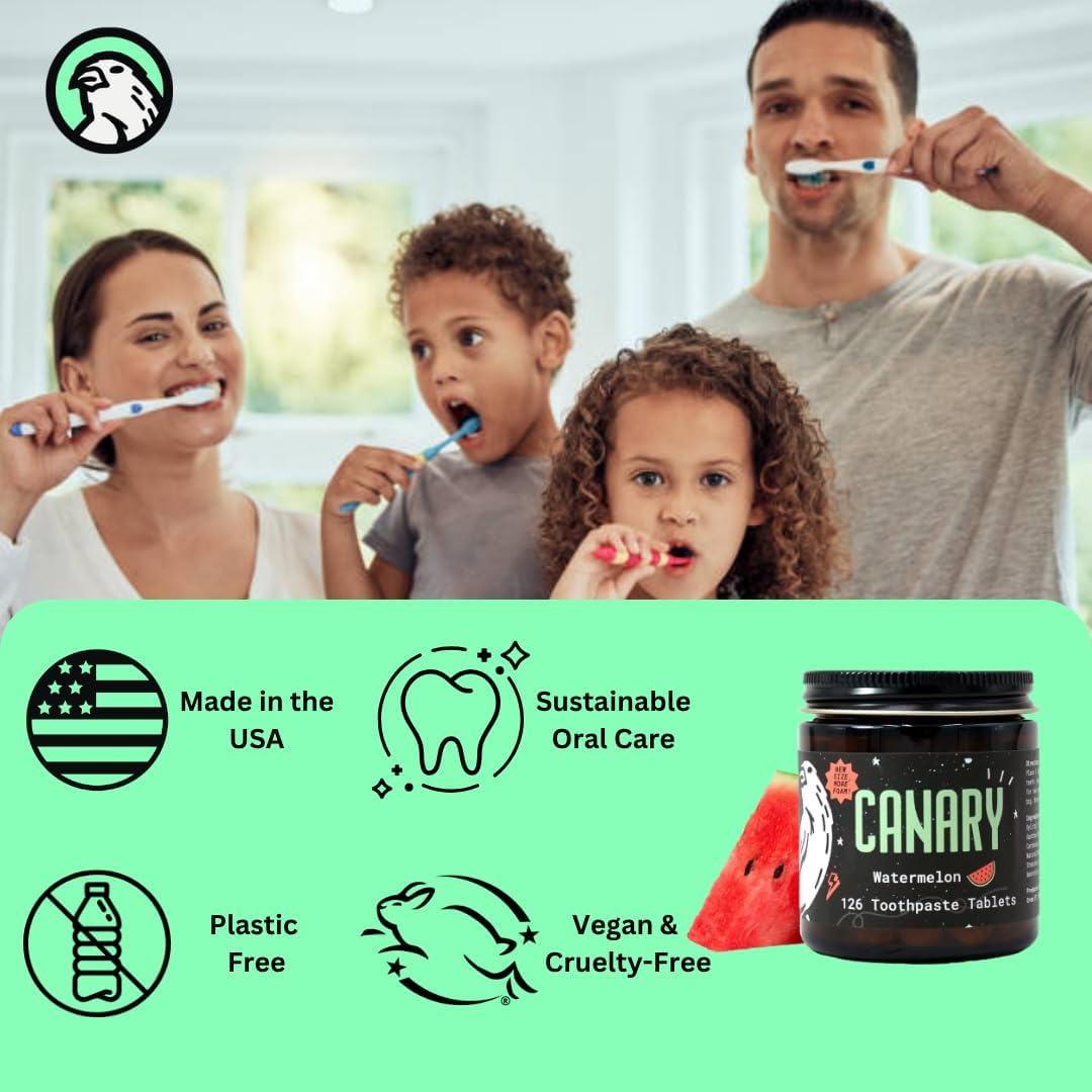 Canary Nano Hydroxyapatite Toothpaste Tablets Watermelon- Remineralizing, Fluoride Free, All Natural Tabs with Xylitol - Great for Kids, Plastic Free - 126 Count