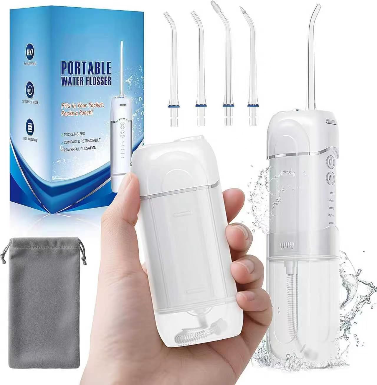 Mini Cordless Water Flosser for Travel, Portable Electric Dental Oral Irrigator for Smile Teeth Braces with 5 Cleaning Modes Rechargeable, Includes 4 Jet Tips & Storage Bag