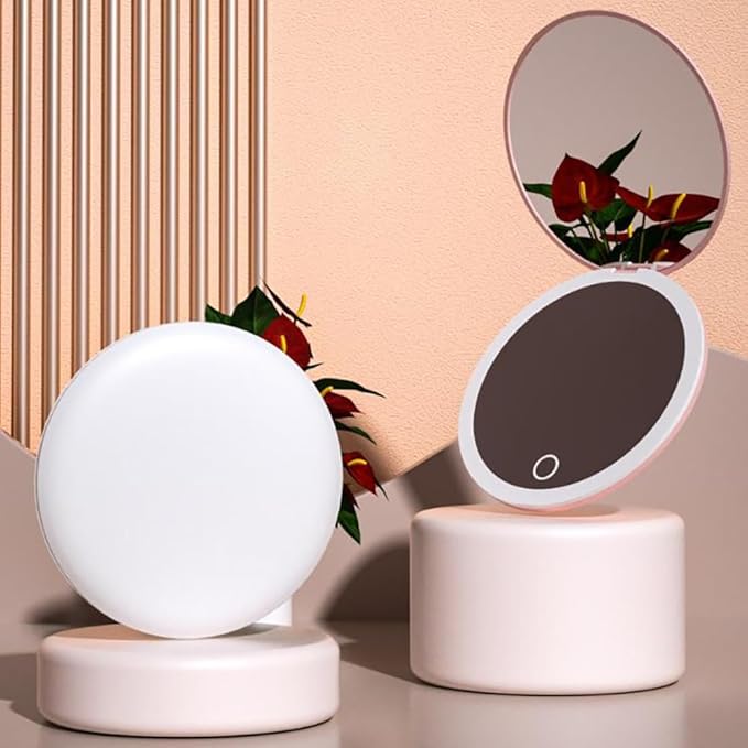 LED Illuminated Travel Makeup Mirror,Portable Folding Mirror,Mini Travel Mirror,Hand Mirror,1X/2X Magnifying Glass,Touch Adjustable Screen(Pink,3.5Inch)