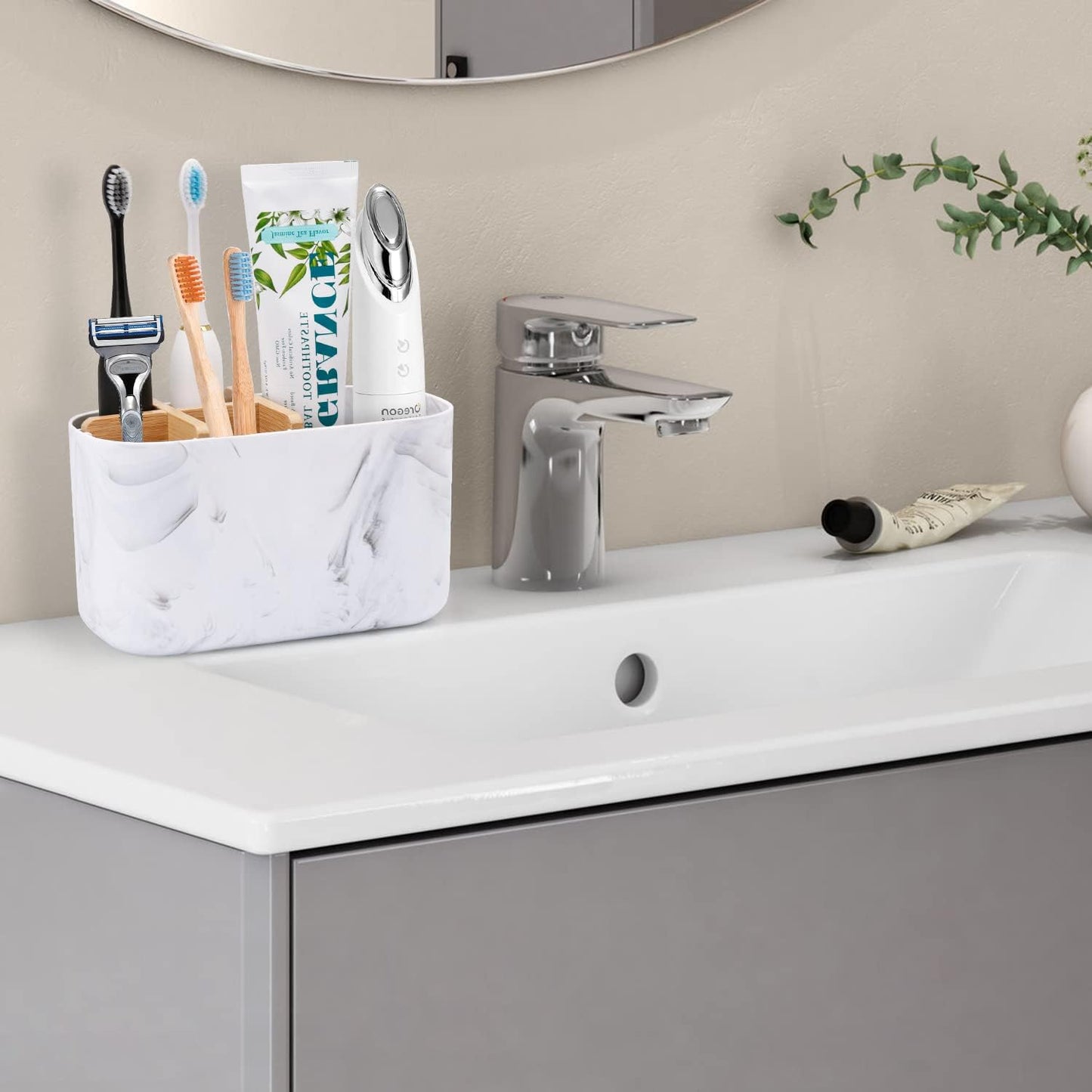 Toothbrush Holders for Bathrooms, 5 Slots Bamboo Toothbrush Holder Kids Electric Toothbrush Holder and Toothpaste Holder for Bathroom Countertop Accessories Storage, Marble Toothbrush Organizer