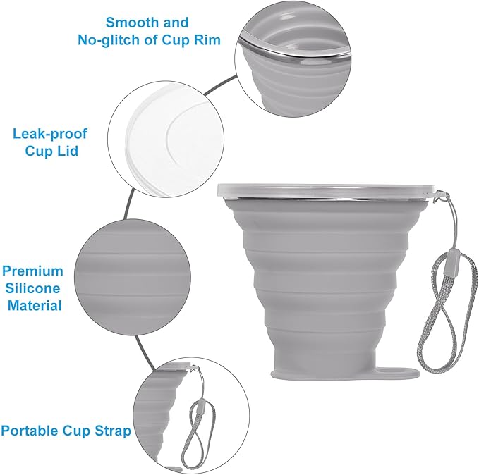 PATIKIL Collapsible Travel Cup, 2 Pack 270mL Travel Folding Cup with Lid Silicone Portable Drinking Cup for Traveling Camping, Gray