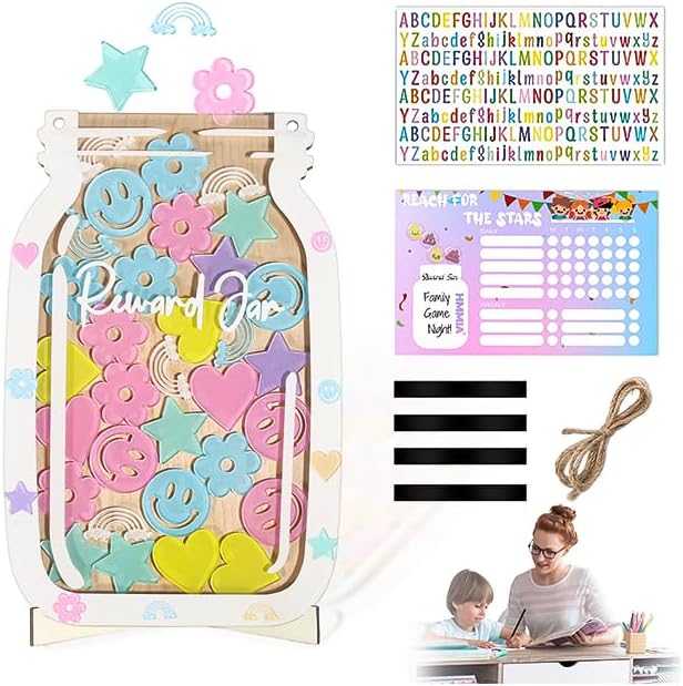 Personalized Magnetic Reward Jar for Kids, Star Jar Reward System with Colorful Letter Stickers, Potty Training Chart Toddler Boys/Girls, Positive Behavior Chart for Classroom (40Pcs)