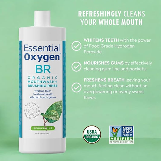 Essential Oxygen Certified BR Organic Brushing Rinse, All Natural Mouthwash for Whiter Teeth, Fresher Breath, and Happier Gums, Alcohol-Free Oral Care, Peppermint, 32 Ounce