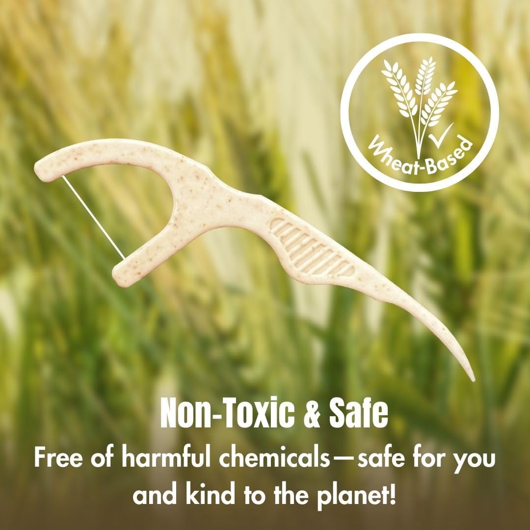 Plant Based Naturally Mint Infused Floss Picks(220pcs) with Travel Case | Biodegradable Straw Wheat Handle | Thin Single Thread Flosser, Shred-Resistant- Easy Glide for Plaque Removal & Gentle on Gum