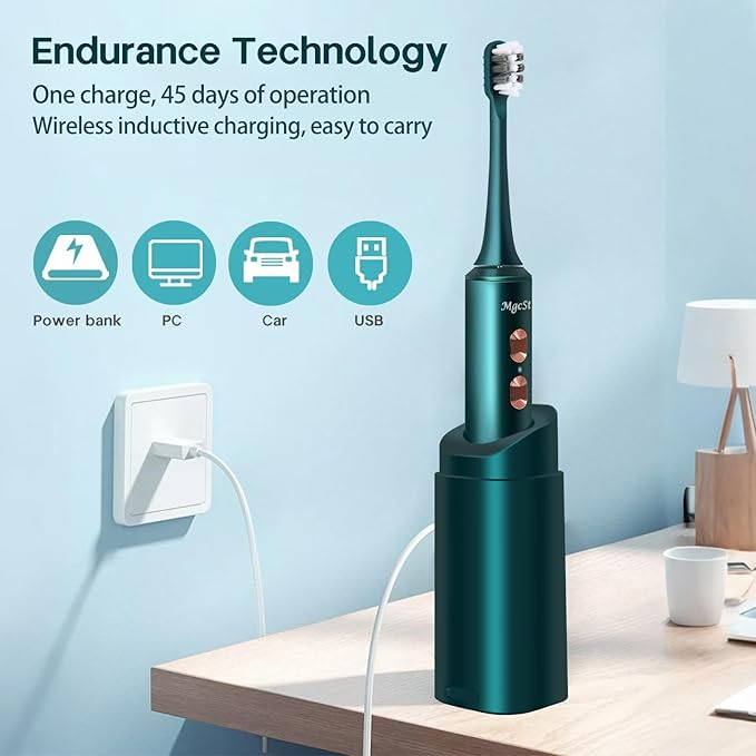 Electric Toothbrush w UV Sanitizer Cup - 4 Modes and 3-Speed Switching - Powerful Toothbrush - 48,000 VPM Motor and Wireless Charging w Smart Timer (Green)
