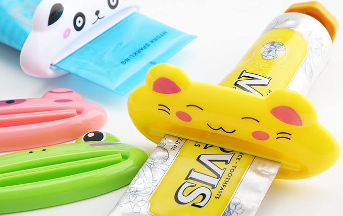 Pasow Cartoon Animal Plastic Frog Cat Panda Pig Shaped Toothpaste Cream Squeezers - Pack of 4 Mix Designs