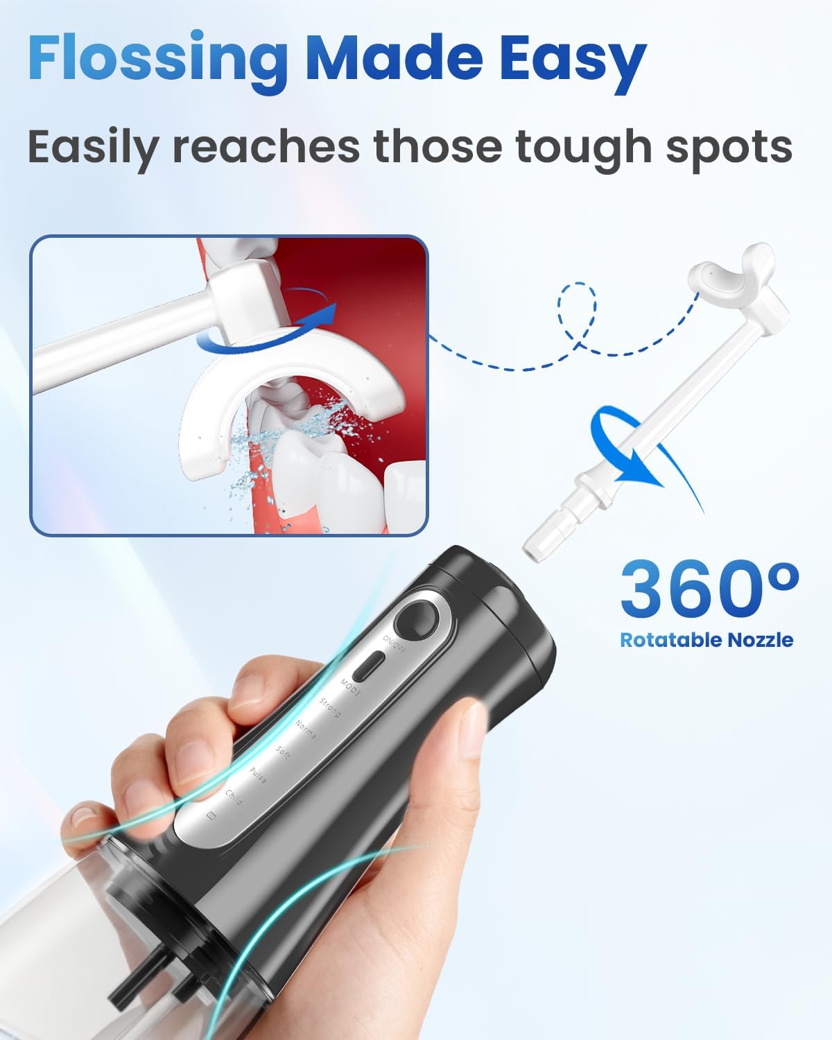 Cordless Water Flosser for Teeth Cleaning Pick, U-Shaped Flossing Head for 360° Deep Clean, 5 Modes & 9 Jet Tips, IPX7 Waterproof, Rechargeable & Portable Oral Irrigator for Travel, 350ML Large Tank
