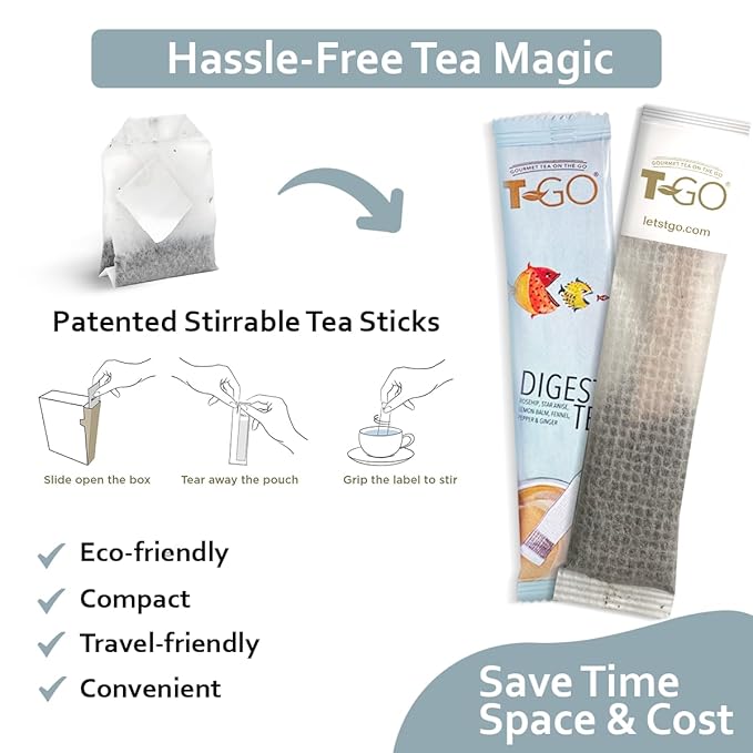 T-GO Digestive Herbal Tea Organic Fennel Ginger & Lemon Balm Blend Caffeine-Free (15 Eco-Friendly Tea Sticks)