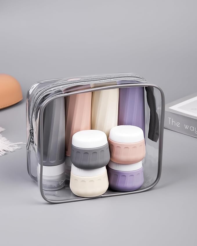 Travel Bottles for Toiletries 8 Pack, Travel Size Toiletries, Tsa Approved Travel Size Containers 3oz, with Travel Essentials Clear Bag, Leak Proof Silicone Squeezable Creams Jars