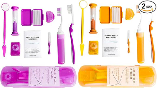 Wenge Portable Orthodontic Oral Care Kit - 2Pack - Travel Kit for Patients, Interdental Brushing Wax Floss Toothbrush Cleaning(Purple & Orange)