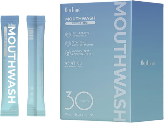 Travel Size Fresh Mint Mouthwash, Alcohol-Free, 15ml Portable Packets, Long-Lasting Freshness (30)