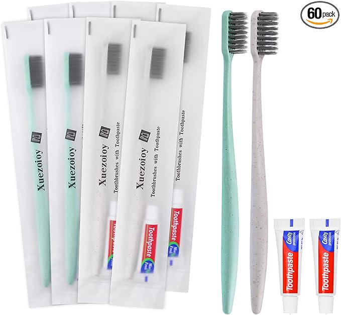 Disposable Toothbrushes with Toothpaste,60 Pack Individually Wrapped Disposable Travel Toothbrushes Kit in Bulk for Homeless,Nursing Home,Hotel,Charity (Apricot+Green)