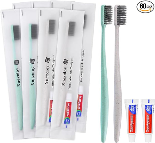 Disposable Toothbrushes with Toothpaste,60 Pack Individually Wrapped Disposable Travel Toothbrushes Kit in Bulk for Homeless,Nursing Home,Hotel,Charity (Apricot+Green)