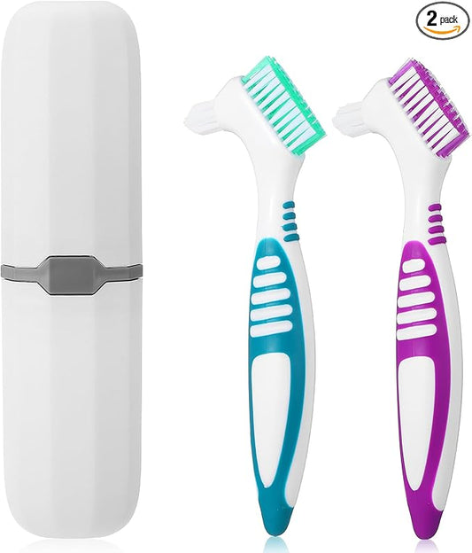 2pcs Denture Brush, Denture Cleaning Brush Set with White Carrying Case Denture Toothbrushes with Multi-Layered Soft Bristles and Rubber Anti-Slip Handle (Purple + Green)