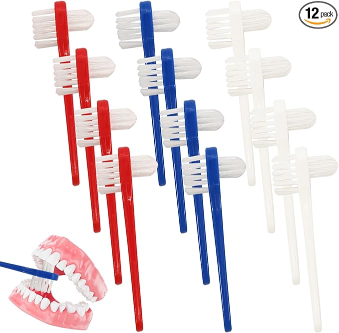 12pcs Denture Brush Dual, Head Portable Firm Hard Bristle Denture Toothbrush,Denture Cleaning Brush Retainer Brush Dental Toothbrush for False Teeth, Clear Braces and Mouth Guards(White,Blue, Red）