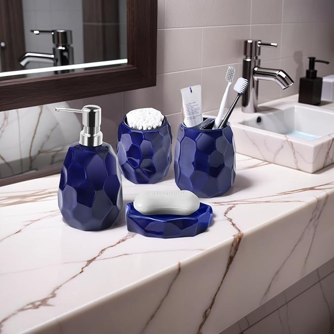 Ceramic Bathroom Accessories Set 4 PCS,Bathroom Toothbrush Holder Set,Soap and Toothbrush Holder Set,Include Toothbrush Holder,Soap Dispenser,Tumbler,Soap Dish,Bathroom Sets Decor Organizer(Navy Blue)