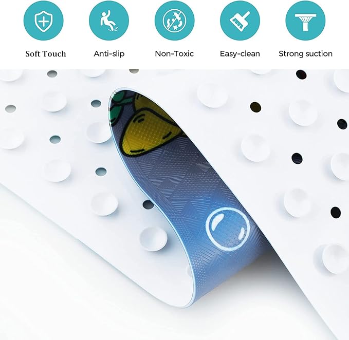 Bathtub Mat Kids Baby Non Slip Shower Mat 40X16 Inch Extra Long Toddler Anti Slip Bath Mats for tub Mat with Suction Cups and Drain Holes,Sky