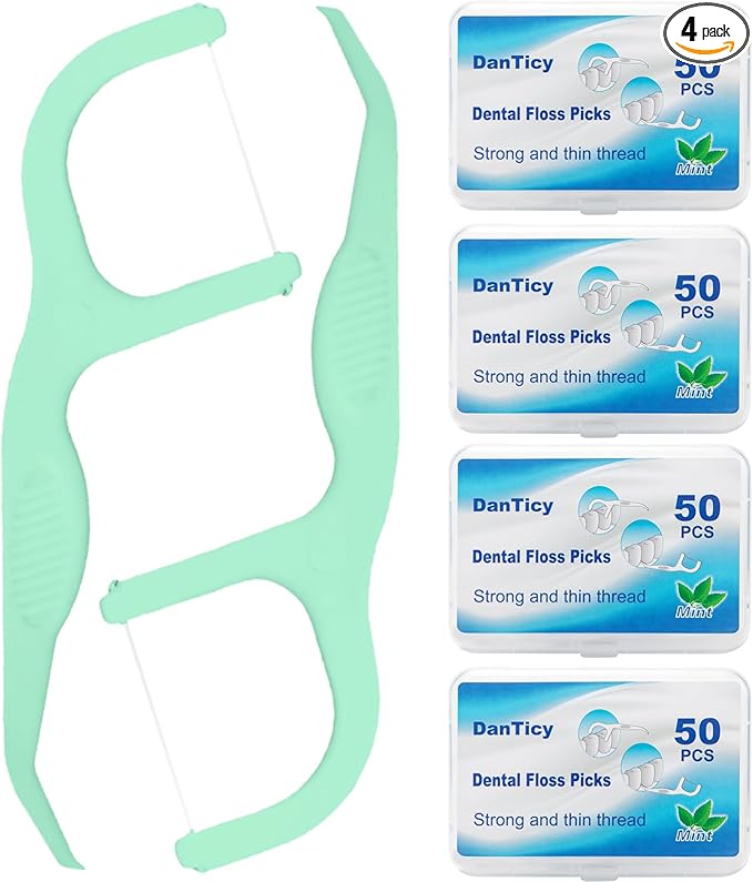 Dental Floss Picks Extra Strong with Easy Grip Handle, Professional Clean Flosser Picks Toothpicks, Fresh Mint, 200 Count, Green