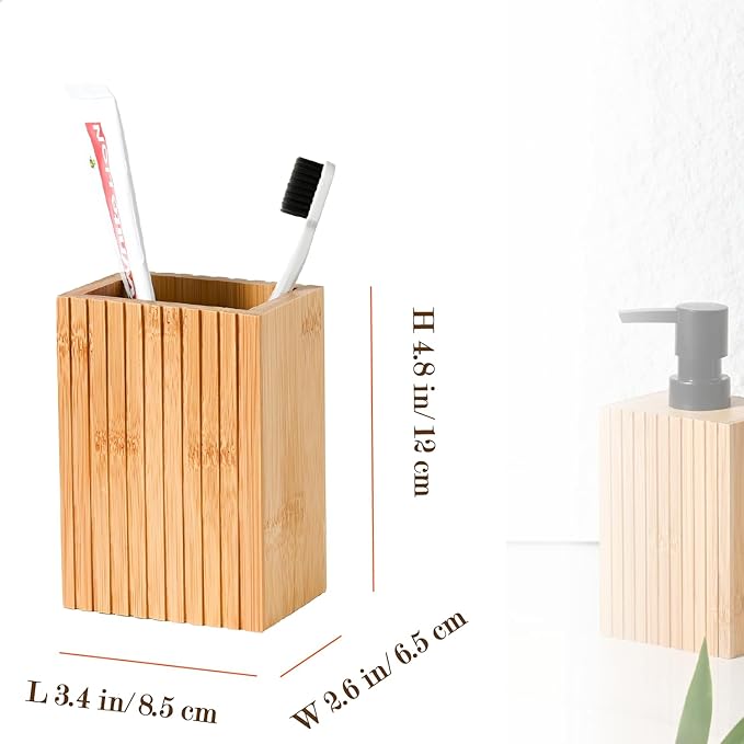 2 Pack Natural Bamboo Toothbrush Holder, Fluted Square Design for Countertop, Multipurpose Pen Holder or Desktop Organizer, Natural