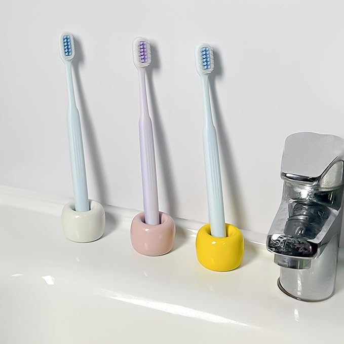 6-Pack Mini Ceramic Toothbrush Holders – Bathroom Countertop Organizers | Compact Hygienic Brush Stands | White, Pink & Yellow