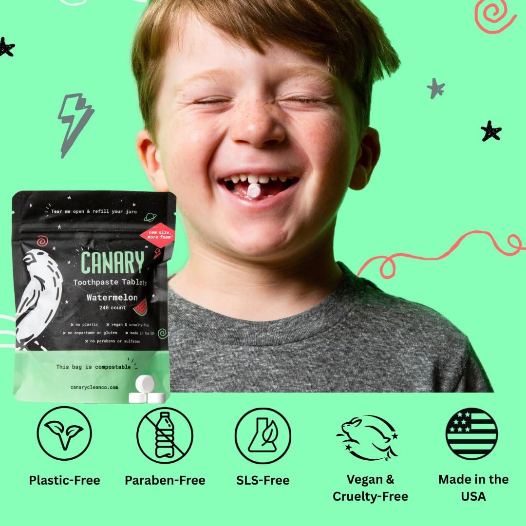 Canary Nano Hydroxyapatite Toothpaste Tablets Watermelon - Remineralizing, Fluoride Free, All Natural Tabs with Xylitol - Great for Kids, Plastic Free - 240 Count