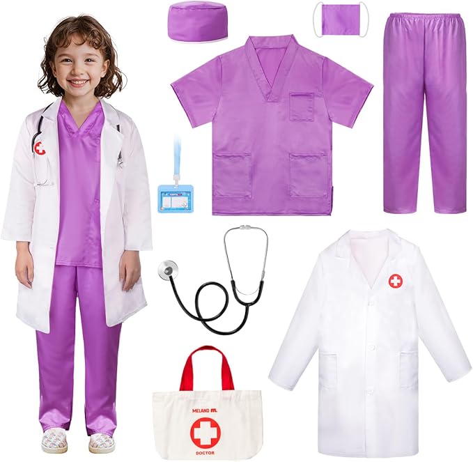 Meland Doctor Costume for Girls - Kids Scrubs with Lab Coat & Carry Bag, Doctor Dress Up for Halloween, Career Day Role Play