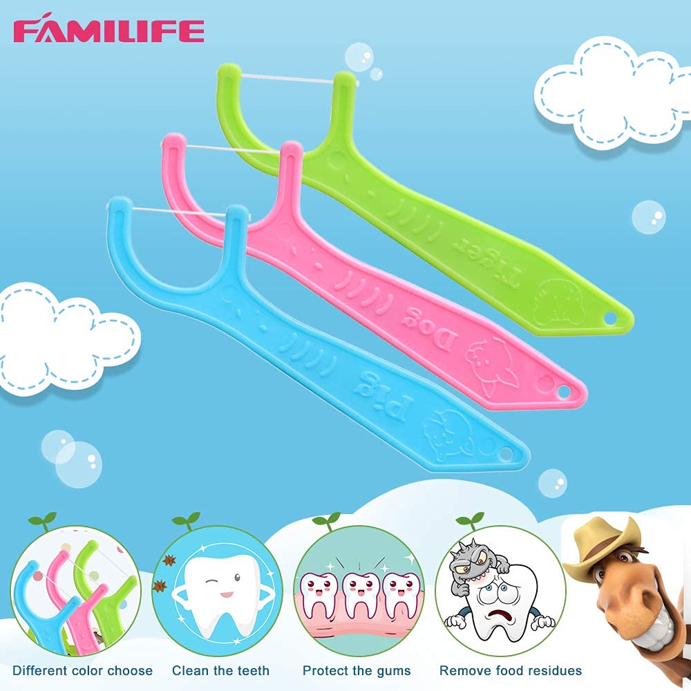 Dental Floss Picks, FAMILIFE Kids flossers Toddler Threaders Children Unwaxed Unflavored Fluoride Free Dental Floss Child Kid Flossing Sticks with Travel Cases 200 Picks