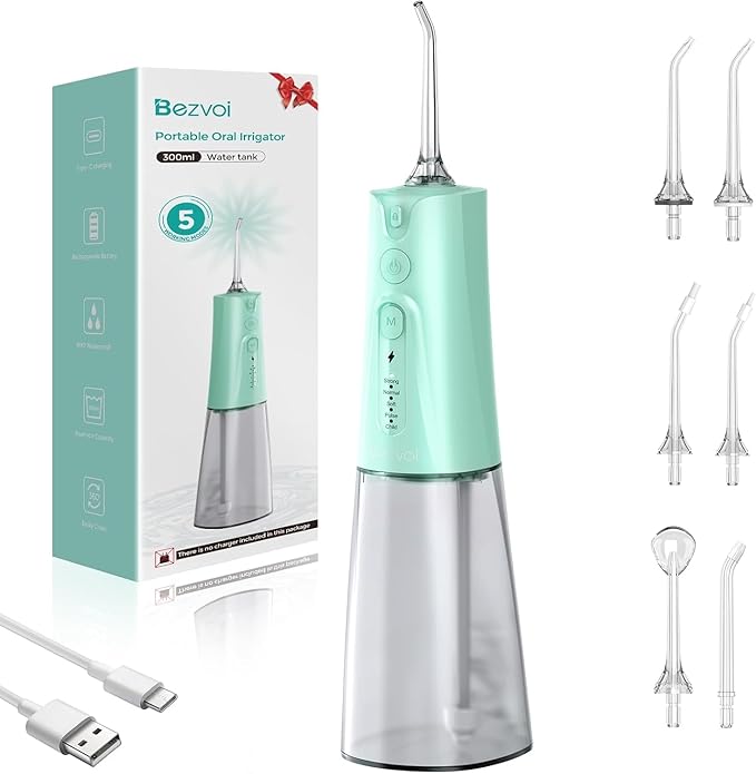 Water Flosser Teeth Pick: 5 Modes Cordless Water Dental Floss 300ML Portable Rechargeable IPX7 Waterproof Electric Water Flossing Cleaning Picks with 6 Jet Tips Oral Irrigator, Mint Green
