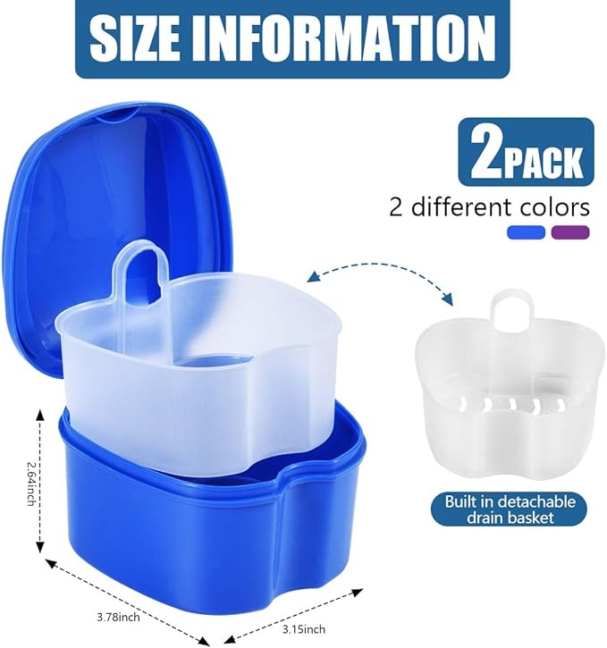 2 Pack Colors Denture Bath Case Cup Box Holder Storage Soak Container with Strainer Basket for Travel Cleaning (Blue and Purple)