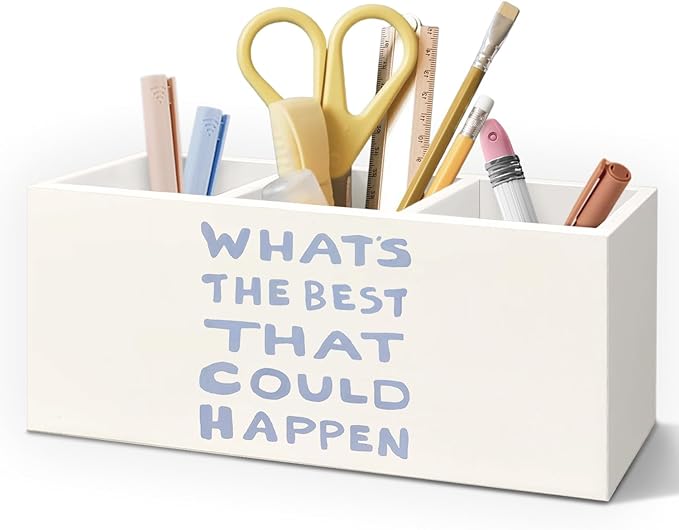 Daily Reminder Positive Affirmations Pen Pencil Holder for Desk, Preppy Light Blue What's the Best That Could Happen Wooden Box Decorative Sign for Home Office Desk Tabletop Decor