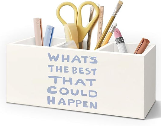 Daily Reminder Positive Affirmations Pen Pencil Holder for Desk, Preppy Light Blue What's the Best That Could Happen Wooden Box Decorative Sign for Home Office Desk Tabletop Decor