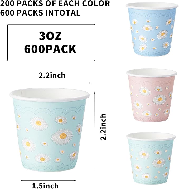 Tamone 600 Pack 3 oz Paper Cups, Small Bathroom Cups, Disposable Cups, Mini Paper Cups Daisy Design Pink, Blue, Mouthwash Cups for Party, Picnic, BBQ, Travel, Home and Event