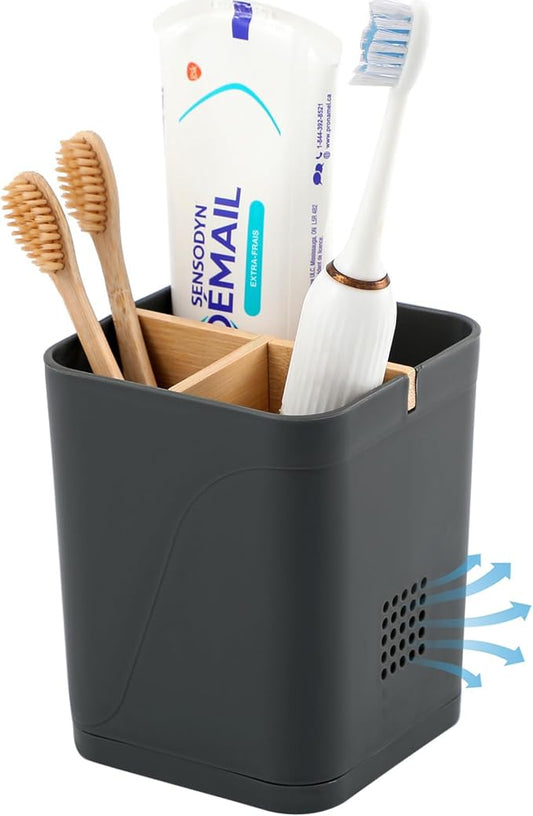 Electric Toothbrush Holder 3 Slots Tooth Brushing Holder with Bamboo Dividers for Bathrooms, Plastic Toothbrush and Toothpaste Organizer for Shower, Countertop, Vanity, Cool Grey