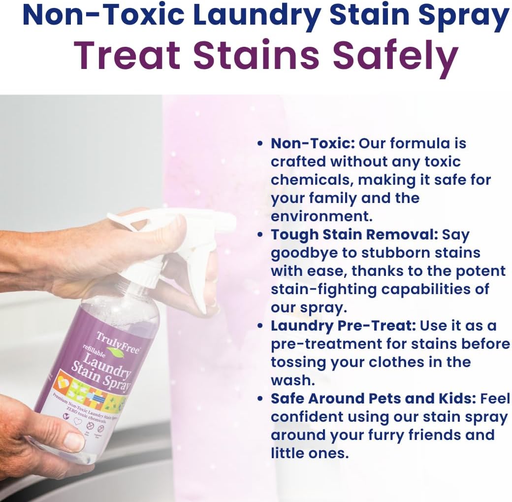 Truly Free Laundry Stain Remover Spray for Clothes - Removes Tough, Dried-In Stains on Whites & Colors -Natural Ingredients - Gentle Yet Powerful - Includes 3 oz Refill & Empty Refillable Bottle