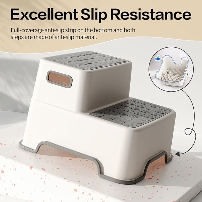 Toddler Step Stool for Bathroom Sink, 2 Pack Step Stool for Kids, Plastic Potty Training Toilet Stepping Stools, Child and Baby Lightweight&No-Slip Two Step Stools for Kitchen(Off-White/Gray)