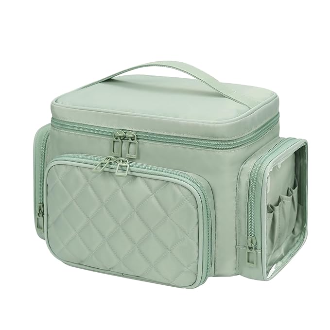 Large Makeup Bag, Portable Travel Makeup Bag Organizer for Women Girls with Makeup Brush Compartment & Two Side Pockets, Cosmetic Travel Bag Vertical Storage Toiletry - Green