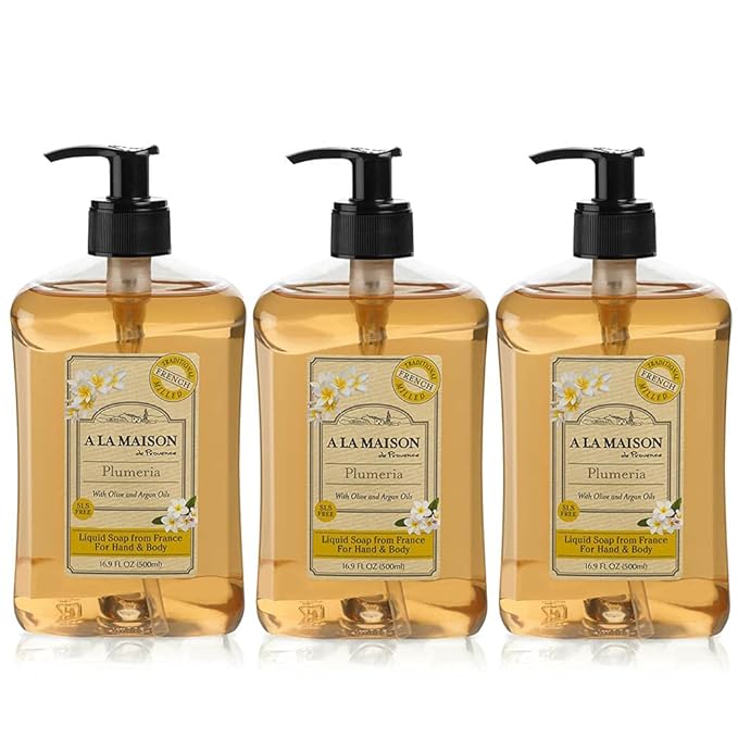 A LA MAISON French Liquid Hand Soap, Plumeria - Natural Hand Wash Made with Essential Oils - Biodegradable, Plant-Based, Vegan, Cruelty-Free, Alcohol & Paraben Free (16.9 oz, 3 Pack)