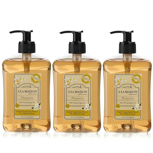 A LA MAISON French Liquid Hand Soap, Plumeria - Natural Hand Wash Made with Essential Oils - Biodegradable, Plant-Based, Vegan, Cruelty-Free, Alcohol & Paraben Free (16.9 oz, 3 Pack)