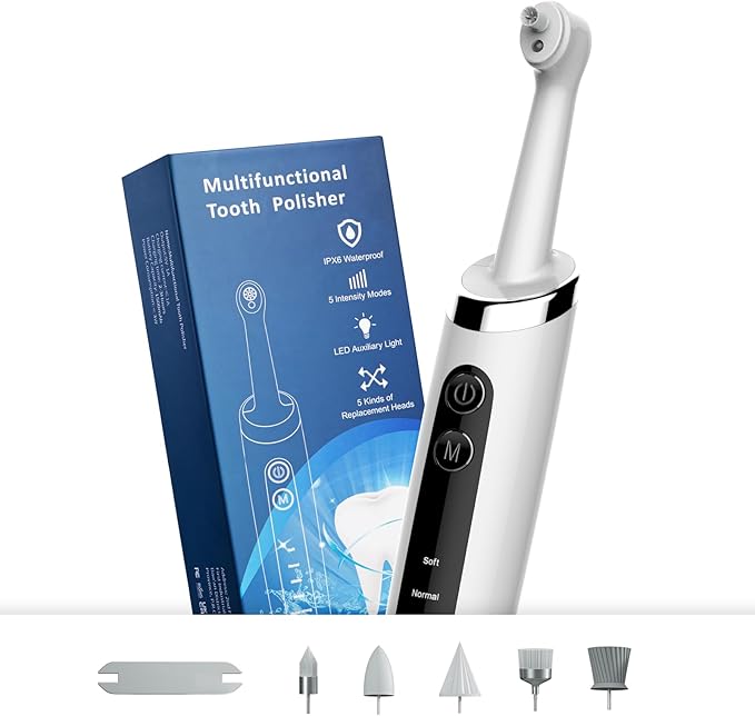 Tooth Polisher with 5 Replacement Heads and Clean Mode, Tooth Polisher Electric Professional USB Charging, IPX6 Waterproof for Adults & Kids White